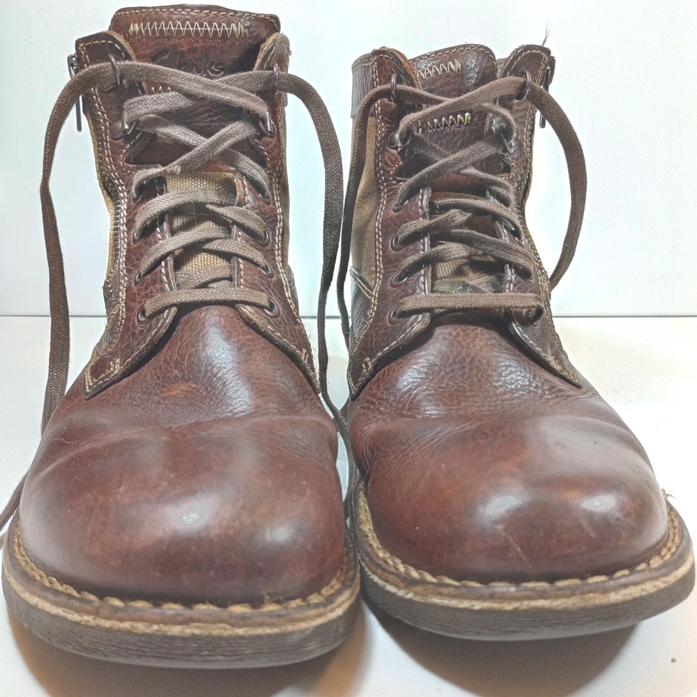 Clarks 1825 Men 9.5 Brown Leather Canvas Side Zip Combat Boots 62070 Rugged